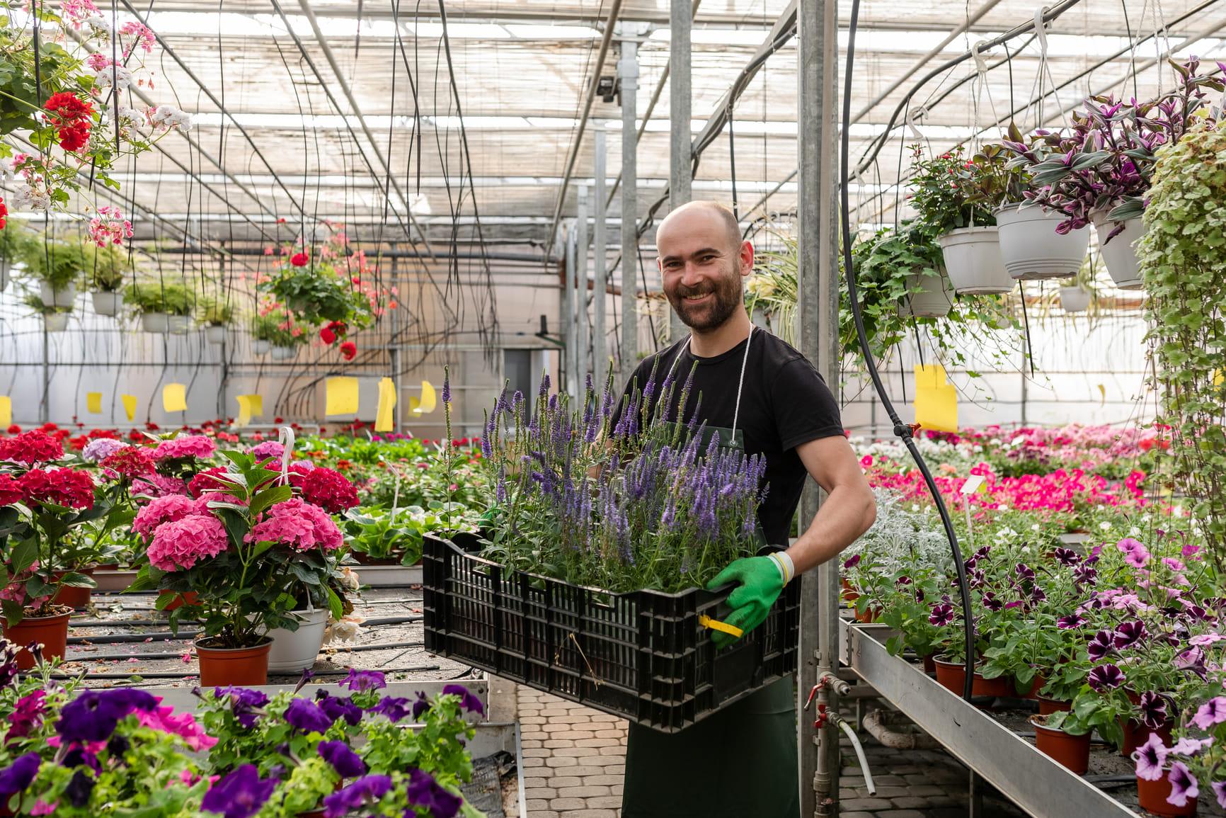 Een medewerker staat met een krat bloemen in een tuincentrum.